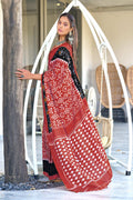 Red Hand Block Print Mulmul Cotton Sarees Saree With Blouse Piece