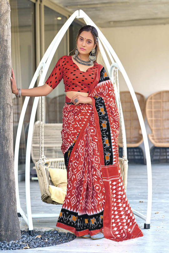 Red Hand Block Print Mulmul Cotton Sarees Saree With Blouse Piece