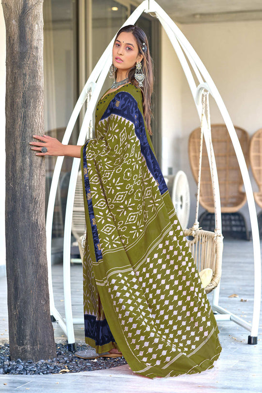 Lime Green Hand Block Print Mulmul Cotton Sarees Saree With Blouse Piece