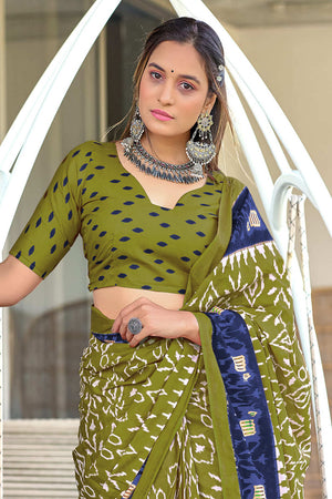 Lime Green Hand Block Print Mulmul Cotton Sarees Saree With Blouse Piece