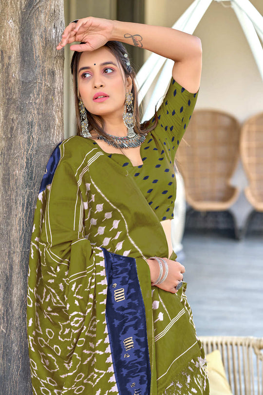 Lime Green Hand Block Print Mulmul Cotton Sarees Saree With Blouse Piece