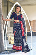 Blue Hand Block Print Mulmul Cotton Sarees Saree With Blouse Piece