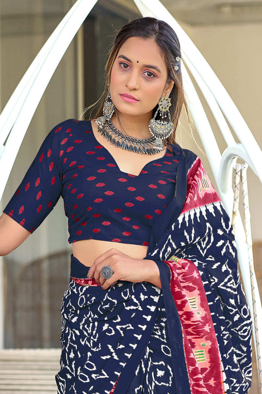 Blue Hand Block Print Mulmul Cotton Sarees Saree With Blouse Piece