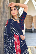 Blue Hand Block Print Mulmul Cotton Sarees Saree With Blouse Piece