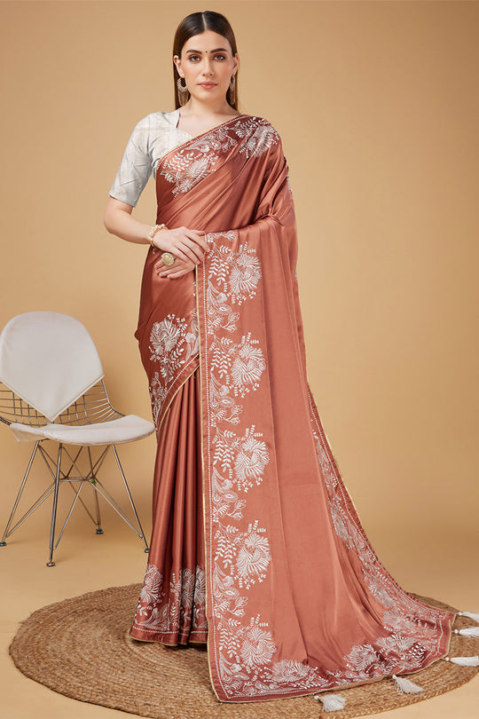 Orange Satin Embroidered Satin Saree