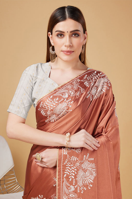 Orange Satin Embroidered Satin Saree