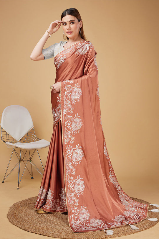Orange Satin Embroidered Satin Saree