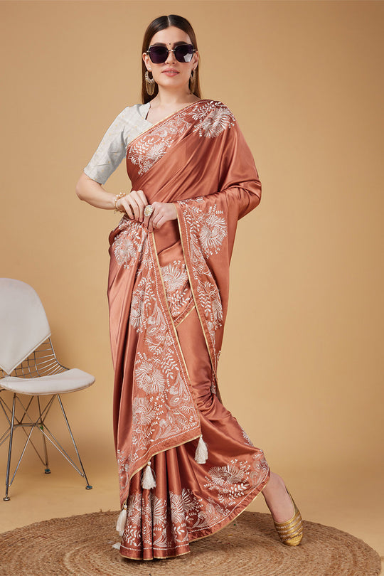 Orange Satin Embroidered Satin Saree