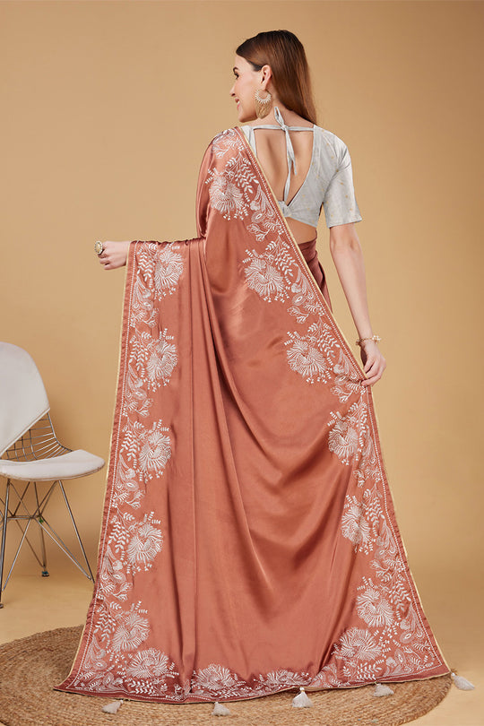 Orange Satin Embroidered Satin Saree