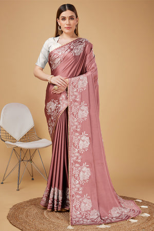 Pink Satin Embroidered Satin Saree