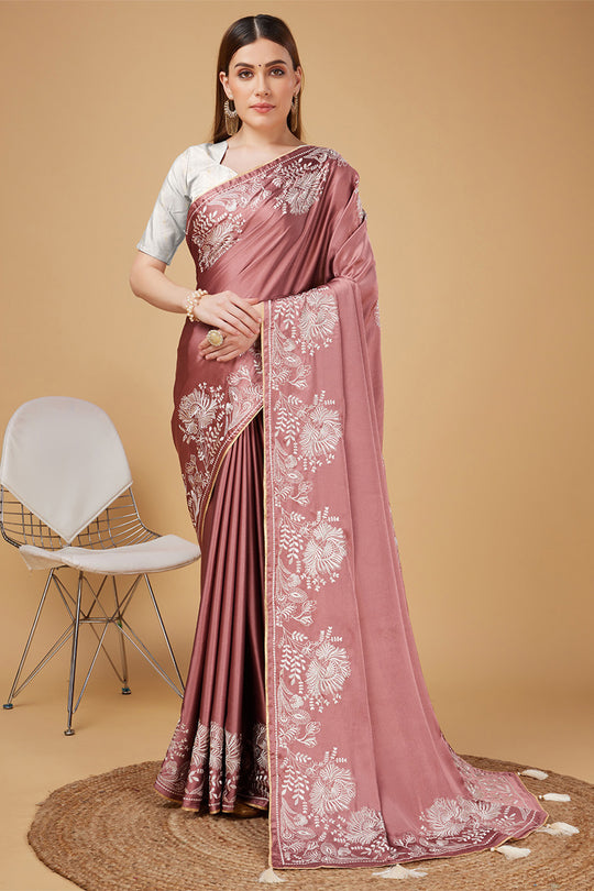 Pink Satin Embroidered Satin Saree