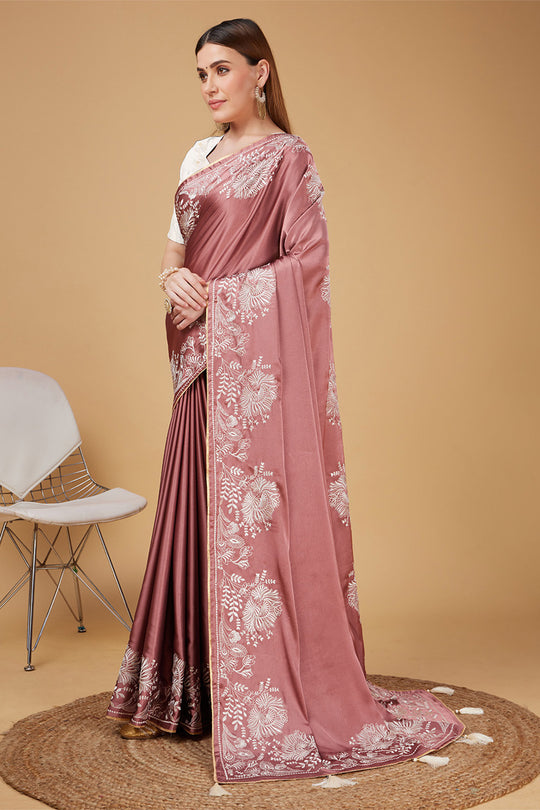 Pink Satin Embroidered Satin Saree