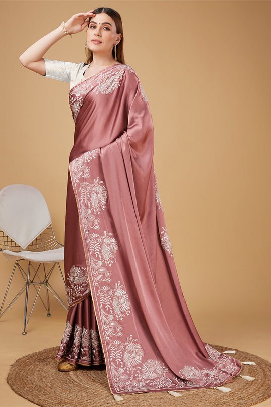 Pink Satin Embroidered Satin Saree