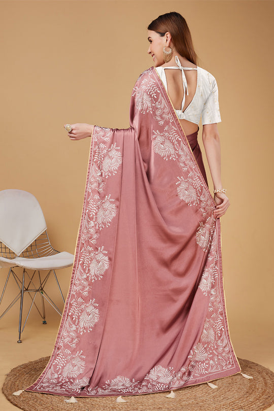 Pink Satin Embroidered Satin Saree