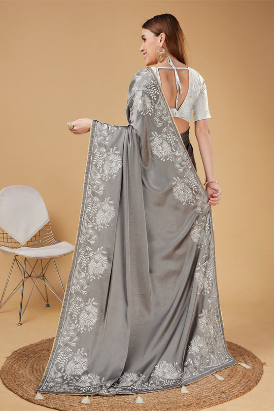 Grey Satin Embroidered Broder Satin Saree