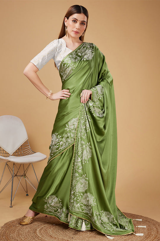 Green Satin Embroidered Broder Satin Saree