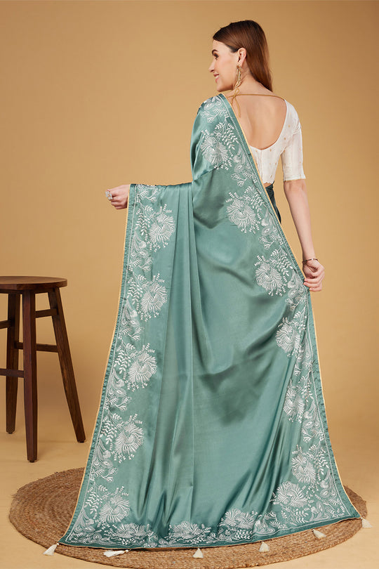 Teal Satin Embroidered Satin Saree