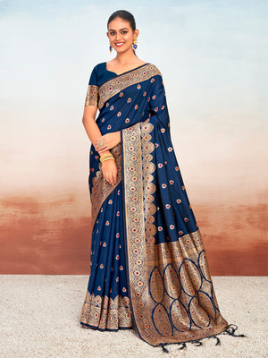 Navy Blue Silk Saree With Blouse Piece