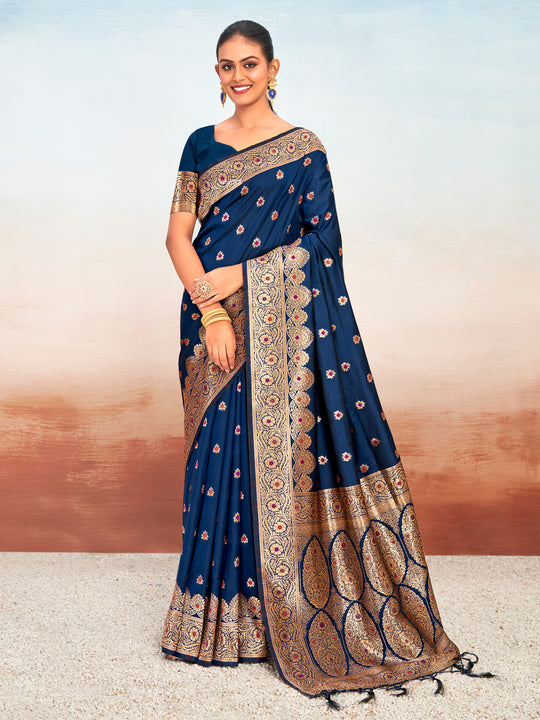 Navy Blue Silk Saree With Blouse Piece