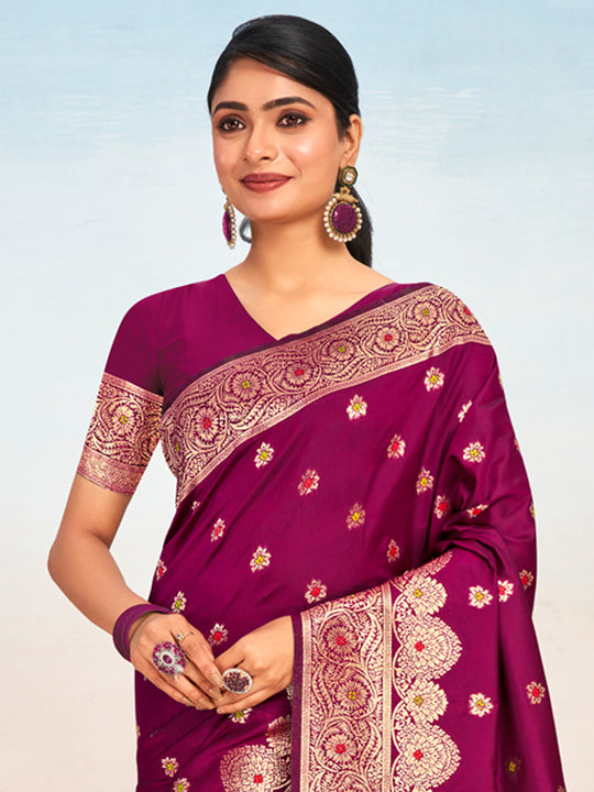 Wine Silk Saree With Blouse Piece