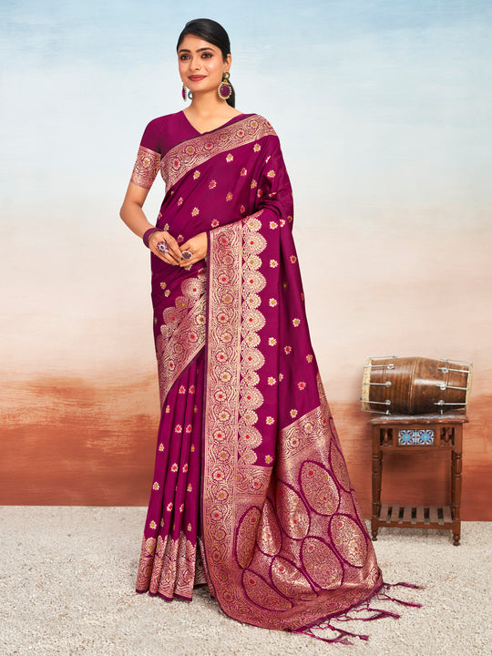 Wine Silk Saree With Blouse Piece