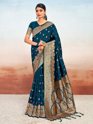 Navy Blue Silk Saree With Blouse Piece