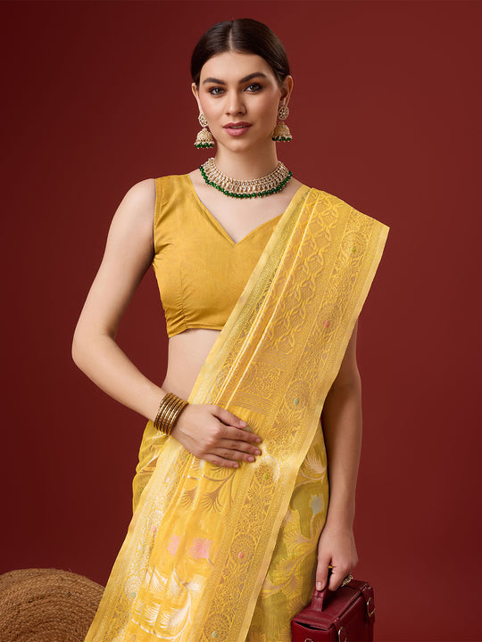 Yellow Cotton Saree With Blouse Piece