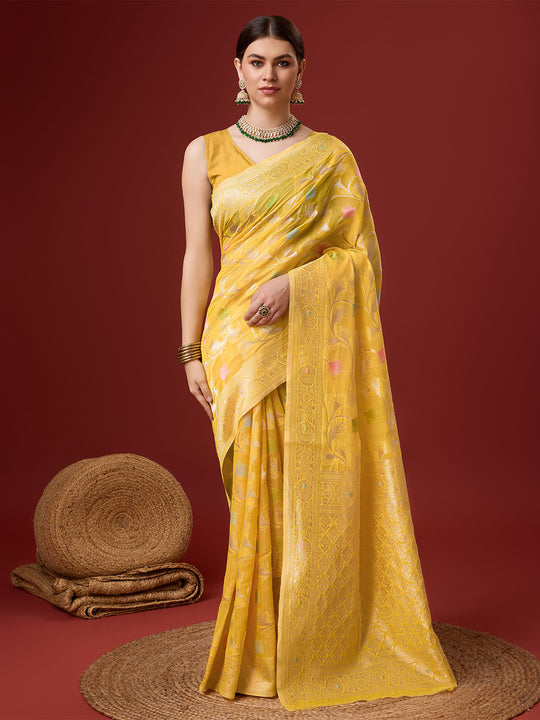 Yellow Cotton Saree With Blouse Piece