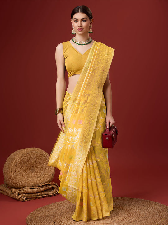 Yellow Cotton Saree With Blouse Piece