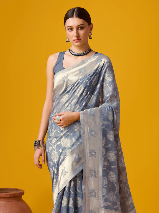 Grey Cotton Saree With Blouse Piece