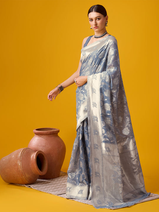 Grey Cotton Saree With Blouse Piece