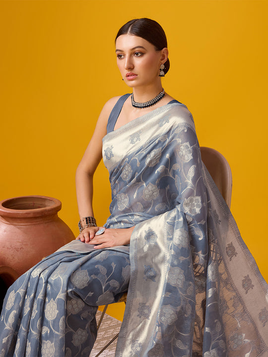 Grey Cotton Saree With Blouse Piece