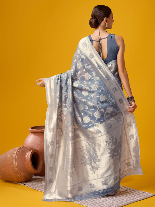 Grey Cotton Saree With Blouse Piece