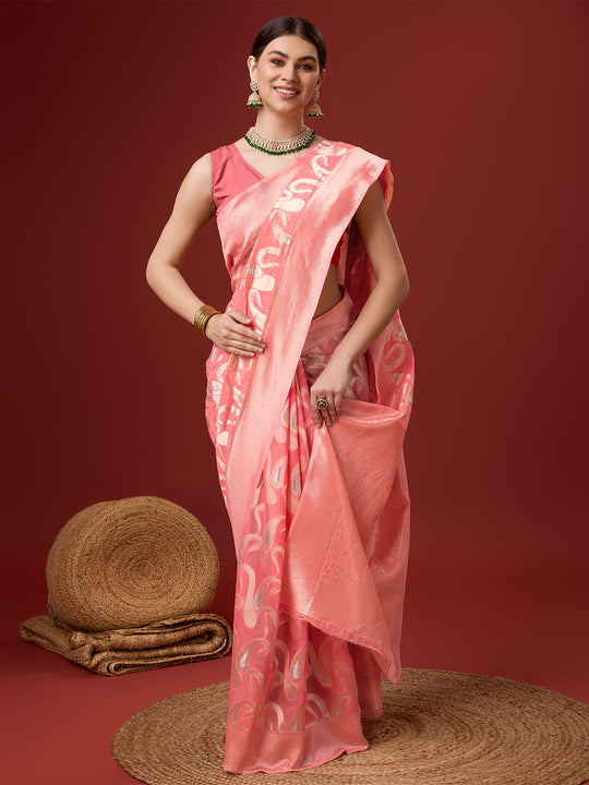 Pink Cotton Saree With Blouse Piece