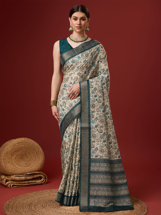 White Cotton Digital Print Saree With Blouse Piece