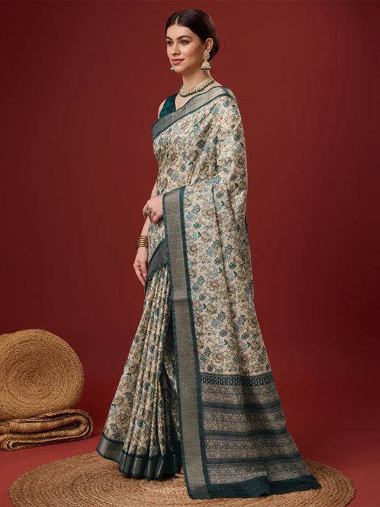 White Cotton Digital Print Saree With Blouse Piece