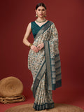 White Cotton Digital Print Saree With Blouse Piece