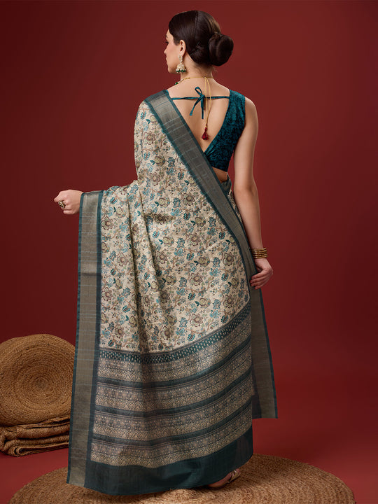 White Cotton Digital Print Saree With Blouse Piece