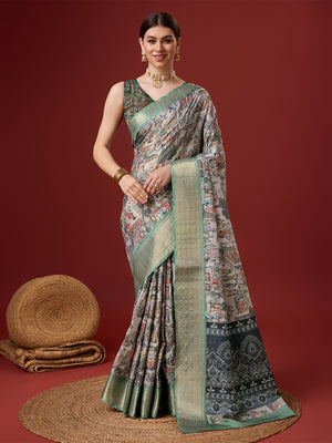 Multi Color Cotton Digital Print Saree With Blouse Piece