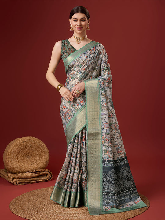 Multi Color Cotton Digital Print Saree With Blouse Piece