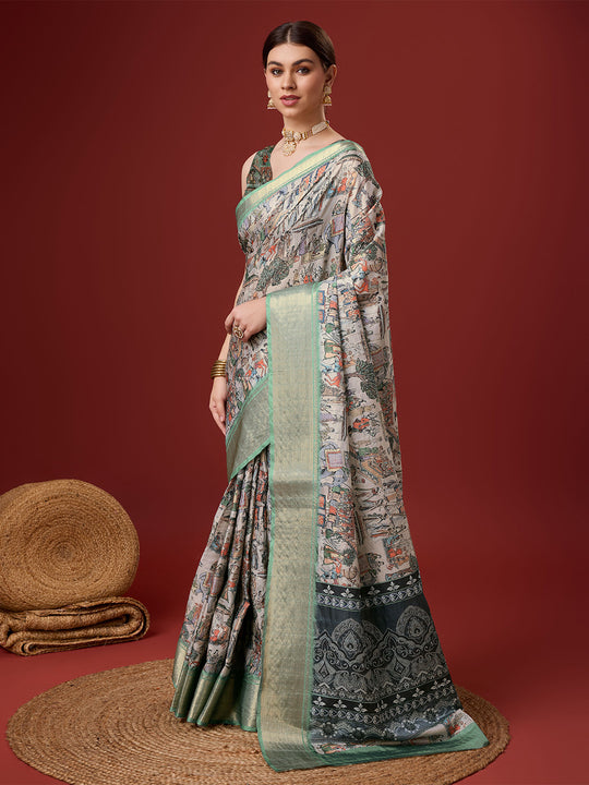 Multi Color Cotton Digital Print Saree With Blouse Piece