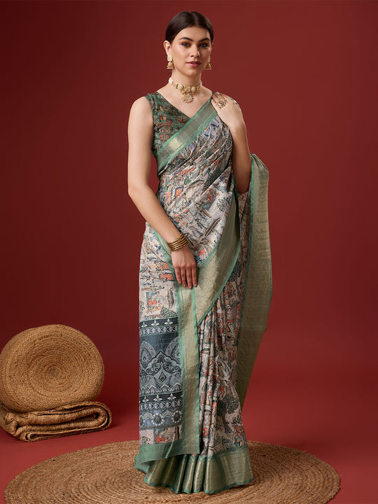 Multi Color Cotton Digital Print Saree With Blouse Piece
