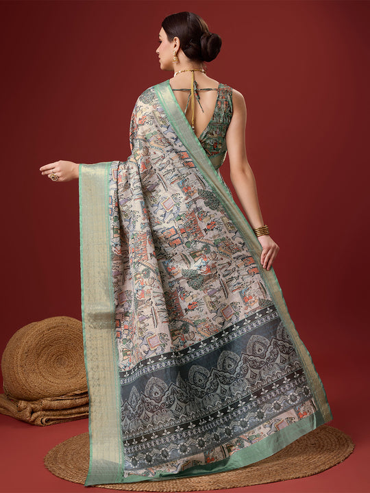 Multi Color Cotton Digital Print Saree With Blouse Piece