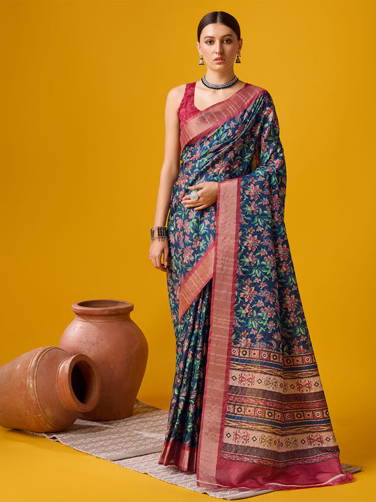 Blue Cotton Digital Print Saree With Blouse Piece