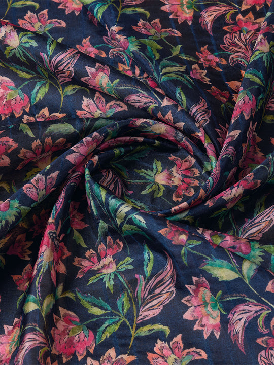 Blue Cotton Digital Print Saree With Blouse Piece