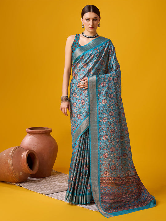 Blue Cotton Digital Print Saree With Blouse Piece