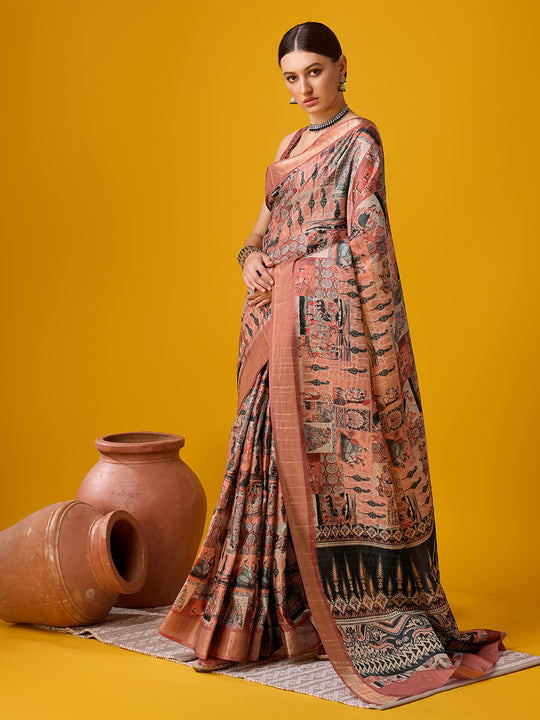 Peach Cotton Digital Print Saree With Blouse Piece