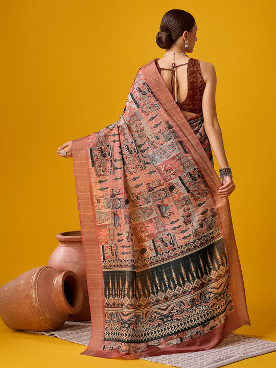 Peach Cotton Digital Print Saree With Blouse Piece