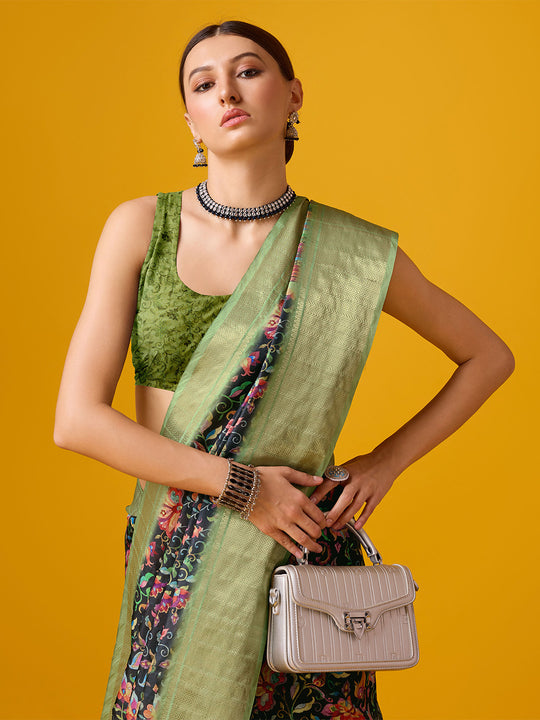 Black Cotton Digital Print Saree With Blouse Piece
