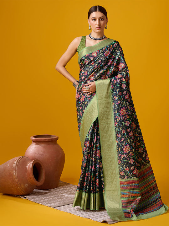 Black Cotton Digital Print Saree With Blouse Piece